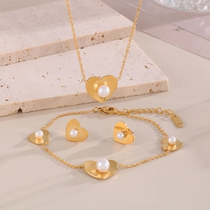 Stainless Steel Heart Artificial Pearl Necklace Bracelet And Earrings For Women Elegant Sweet Shell Artificial Pearl Pendant Jewelry Accessories