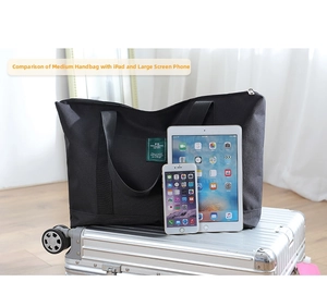 Detailed comparison of medium black canvas travel bag capacity with tablet and phone