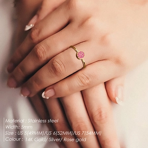 Elegant 14K gold stainless steel ring with pink pavé birthstone for women's hand