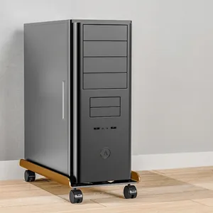 Adjustable gold metal computer tower stand with safety rails and smooth swivel wheels