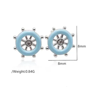 S925 sterling silver ship wheel stud earrings with blue enamel and 8mm zircon stones