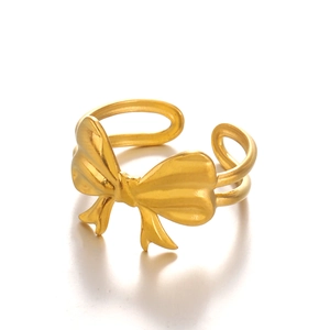 Minimalist 18K gold-plated stainless steel bow ring with an adjustable open band design