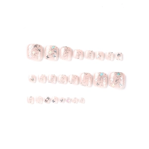 Silver butterfly glitter press-on toenails with light pink base and black sparkle details