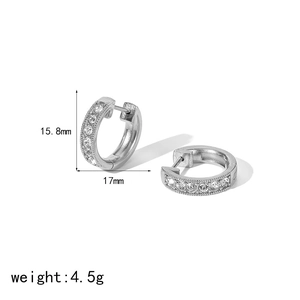 Silver stainless steel hoop earrings with cubic zirconia, size 15.8mm by 17mm