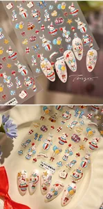 Detail view of circus rabbit 3D embossed nail stickers with tent and balloon designs
