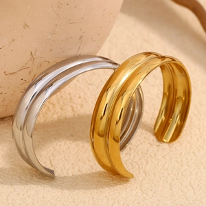 Bracciale Rigido Largo A Doppio Strato In Acciaio Inossidabile Placcato Oro 18K Polsino Aperto Gioielli Per Donna