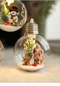 Macro detail of a transparent Christmas ball with Santa Claus and LED warm lights