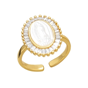 Retro 18K vergoldeter ovaler Jungfrau Maria Ring mit weißer Perlmutt und Zirkonia