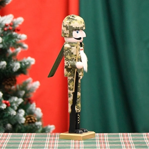 38cm camouflage soldier nutcracker wooden ornament with rifle on festive background