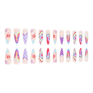 Handmade press-on nails with colorful floral patterns, waves and checkered grid art