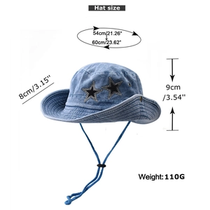 Detailed size chart of blue cotton sun hat featuring star patch and adjustable strap