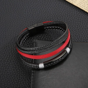 Men's multilayer braided leather bracelet with red and black cord and magnetic clasp
