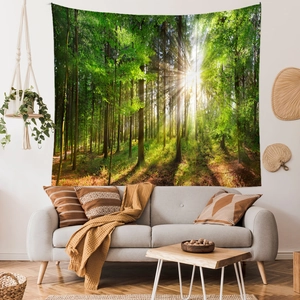 Detailed view of forest landscape tapestry used as a decorative living room background wall