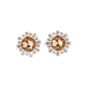 18k gold plated sunburst stud earrings with amber center stone and zircon crystals