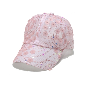 Summer pink mesh baseball cap with 3D floral lace appliques and sequins for women