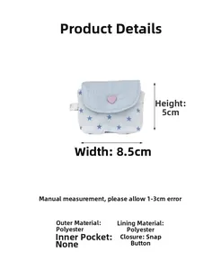Mini star pattern earphone pouch detail with 8.5x5cm dimensions and snap button closure