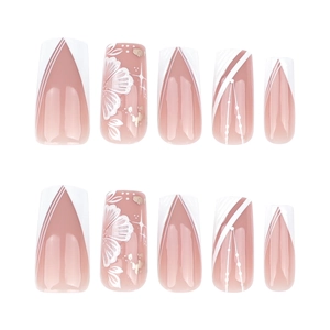 Minimalist summer floral press-on nails with white V-shaped French stripes and 3D flower designs