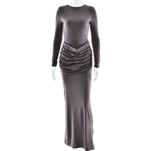 Detailed view of the elegant ruched waist design on this graphite grey maxi dress