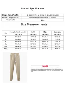Tableau des tailles détaillé pour pantalon d'été en jacquard avec poids du tissu