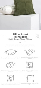 Detailed view of checkered and striped pillow covers with six-step insertion guide