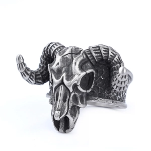 Detailed macro view of retro ram skull ring showing distressed metal texture and punk style
