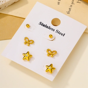 Three-piece gold stainless steel stud earring set with bow, star and bead designs