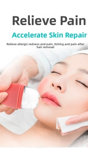 Close-up of a model using a rose red facial ice roller to soothe and refresh facial skin
