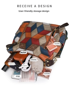 Top view of patchwork leather tote bag showing large capacity storage for daily items