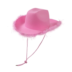 Detail of pink cowboy hat featuring feather brim trim and adjustable chin strap cord
