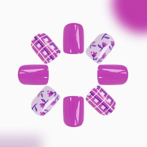 Short square purple press-on nails set featuring floral patterns and geometric grid designs