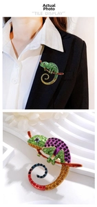 Macro shot of chameleon brooch with colorful rhinestones on black suit and white wave base