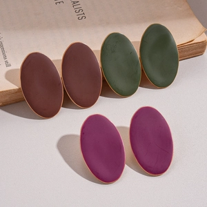 Retro matte oval stud earrings with gold metal trim in brown, green, and purple colors