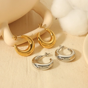 Chunky Hoop Earrings Stainless Steel 18K Gold Plated C Shaped Hollow Crescent Minimalist Fashionable Accessory Women
