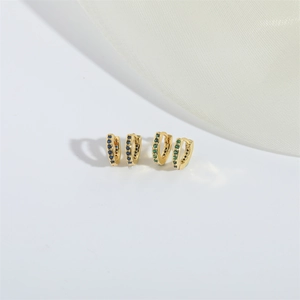 Minimalist gold hoop earrings featuring micro-set blue and green zircons in classic clasp