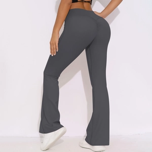 High waist dark grey flare yoga pants with scrunch butt lifting effect for gym workout