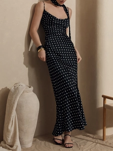 Polka Dot Spaghetti Strap Maxi Dress With Scarf Mermaid Hem Polyester V Neck French Retro Sleeveless Women Elegant