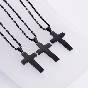 Three pieces of black stainless steel cross necklaces with matching woven chain straps