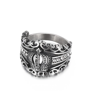 Vintage silver crown ring with white zircon stones and cross details in stainless steel