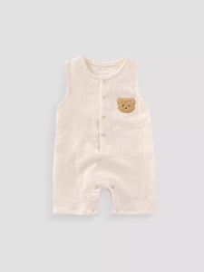 Breathable baby cotton gauze sleeveless romper with cute brown bear embroidery