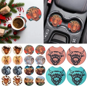 Car Coasters Wooden Round Non-Slip Highland Cow Pattern Farmhouse Style Vehicle Cup Holder Interior Decor