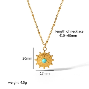 Detailed specs of sun pendant necklace with dimensions 410+60mm and 20x17mm size