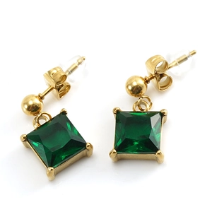 Golden titanium steel earrings with square green zircon stones in a four-claw setting