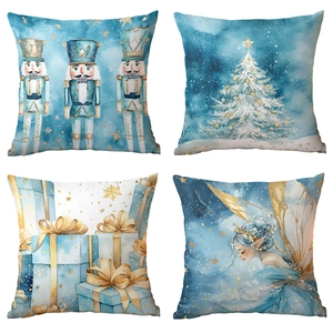 Blue and gold Christmas pillow covers set with festive watercolor pine and snow patterns