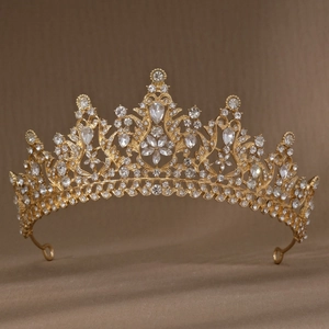 Macro view of luxurious gold bridal tiara with sparkling crystal rhinestones details