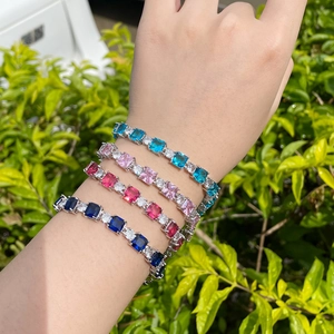 Elegant gold-plated square zircon tennis bracelets in multiple colors on model