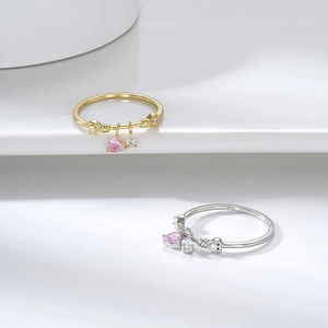 Elegant S925 sterling silver twist ring with pink heart stone and zircon pendants