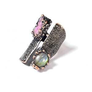 Vintage labradorite and red raw stone handmade bronze plated wide band ring for women