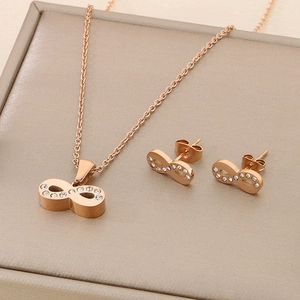 18K rose gold stainless steel jewelry set featuring infinity necklace and stud earrings