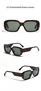 Detail view of tortoiseshell square sunglasses with dark green lenses and metal rivets