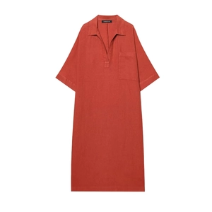 Robe Maxi Femme Lin Coton Col En V Manches Courtes Ample Décontractée Couleur Unie Poche Élégante